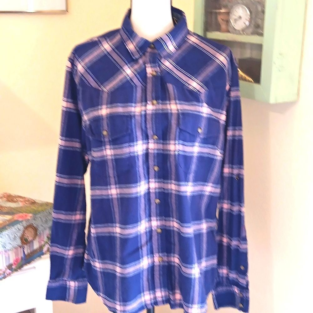 JACHS Girlfriend Blue Plaid Shirt.Western Coastal Cowgirl. Rodeo